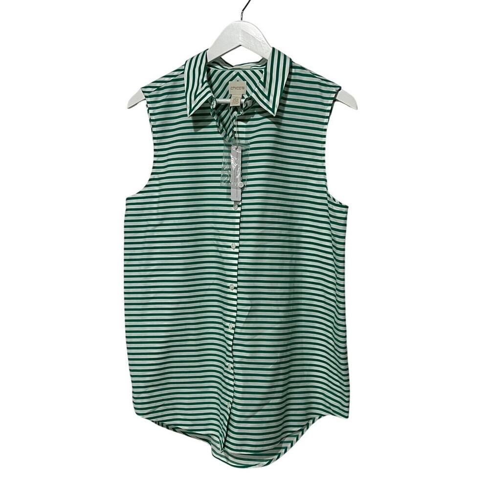 CHICOS TOP WOMENS 2 US 12/14 BUTTON UP TUNIC BLOUSE STRIPE GREEN OLD STOCK NWT